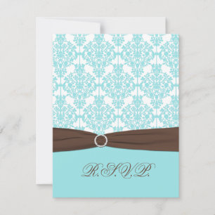 Cartão RSVP Aqua Azul, Damasco Branco com Fita de Faux Marrom