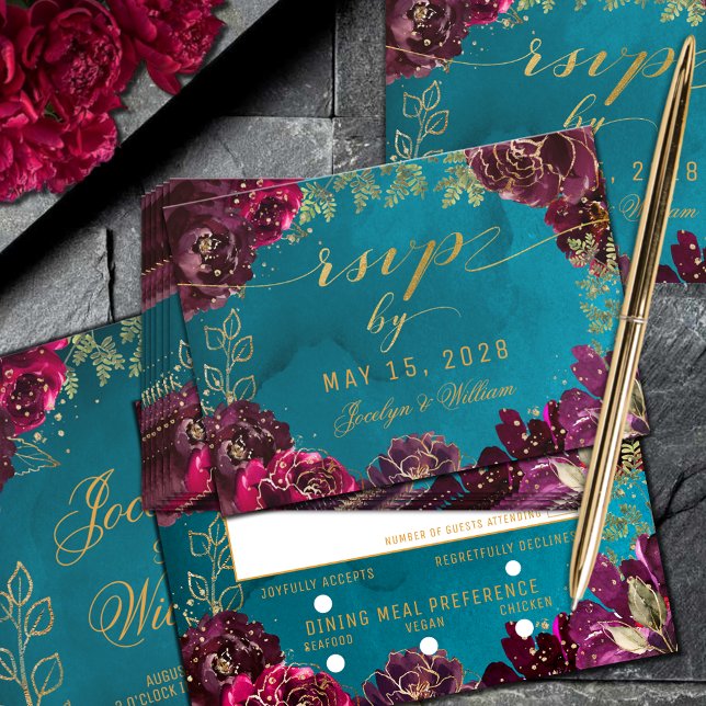 Cartão RSVP Aqua Teal Merlot Tom Jewelry Escolha de Refeição R (Aqua Teal Merlot Gold Jewel Tone Wedding Meal Choice RSVP Enclosure Card)