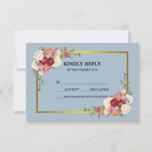 Cartão RSVP Aquarela Cinza Empoeirado Dourado Rosa Pêssego Flo