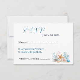 Cartão RSVP Aquarela Costeira Conchas e Coral Casamento na Pra