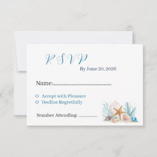 Cartão RSVP Aquarela Costeira Conchas e Coral Casamento na Pra