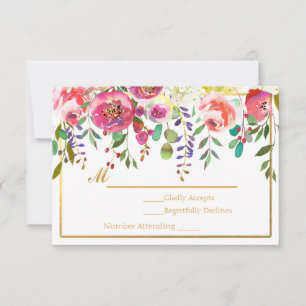 Cartão RSVP Aquarela Floral Flores Moderno Dourado Casamento R