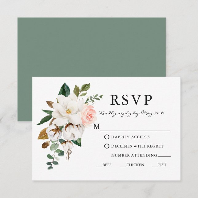Cartão RSVP Aquarela Magnolias Rosas Sage Verde de Casamento (Frente/Verso)