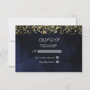 Cartão RSVP Aquarela Moderna Azul Naval Temperamental Dourado 
