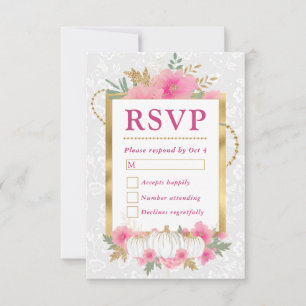 Cartão RSVP Aquarela Outono Rosa & Dourado Floral Abóbora Casa