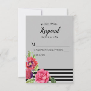 Cartão RSVP Aquarela Papoulas Vermelhas Rosas Rosadas Listras