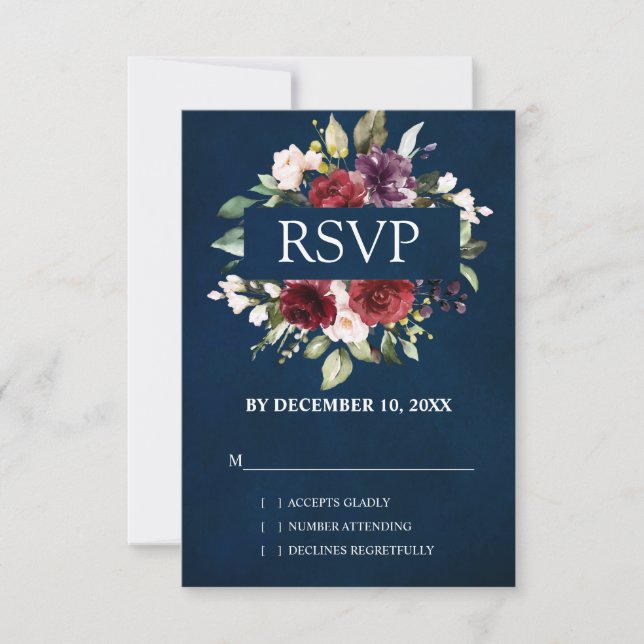 Cartão RSVP Aquarela Romântica Rosa Floral Vermelho Borgonha (Frente)