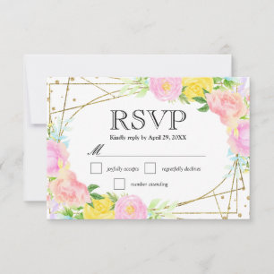 Cartão RSVP Aquarela Rosa Amarelo Azul Flores Casamento