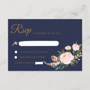 Cartão RSVP Aquarela Rosa Dourado Azul Boho Floral Casamento R
