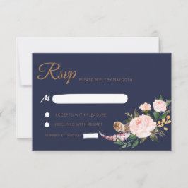 Cartão RSVP Aquarela Rosa Dourado Azul Boho Floral Casamento R
