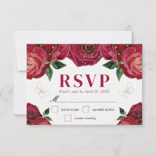 Cartão RSVP Aquarela Rosas Vermelhas e Douradas Casamento