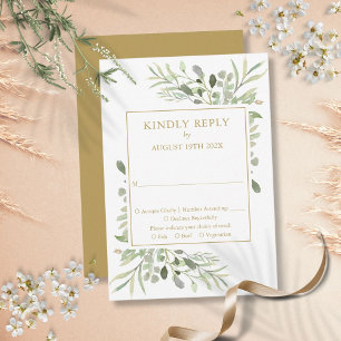 Cartão RSVP Aquarela Verde Elegante Boda Dourada