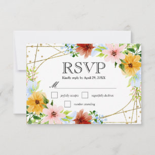 Cartão RSVP Aquarela Vermelho Amarelo Azul Flores Casamento