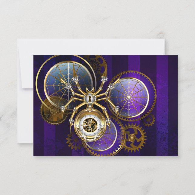Cartão RSVP Aranha Steampunk no fundo roxo (Frente)