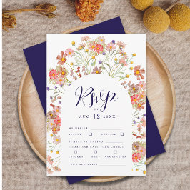 Cartão RSVP Arco Floral de Outono Boho Azul Marinho e Branco C