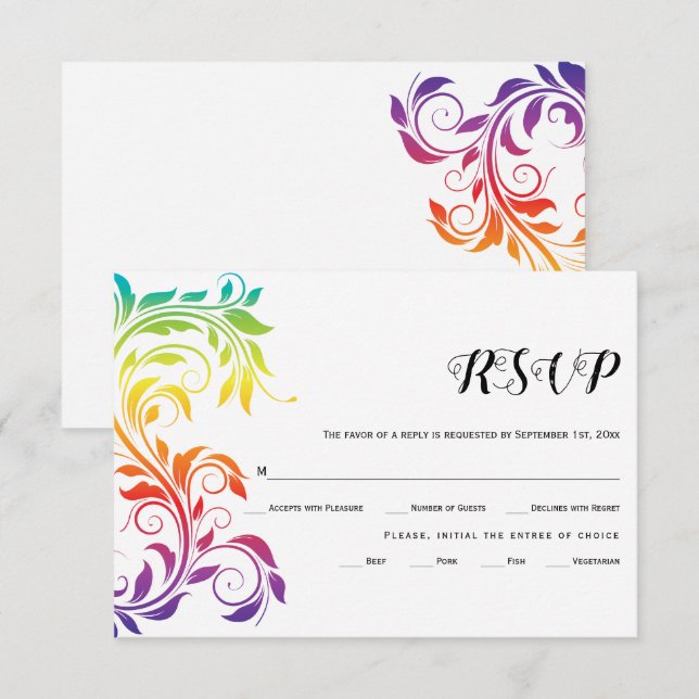Cartão RSVP Arco-íris cola folha de rolagem gay casamento lésb (Frente/Verso)