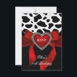 Cartão RSVP Arco Negro de Vaca do Coração Vermelho do aniversá<br><div class="desc">aniversário de 40 anos do Partido Red Heart Jewel Cow Black White Arco Jewel Animal Impressão Negra Negra,  fantástica,  mulheres,  mulheres,  mulheres</div>