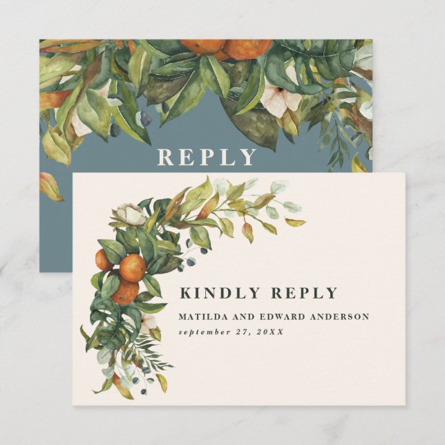 Cartão RSVP Arranjo elegante de citrinos botânicos do casament (Frente/Verso)
