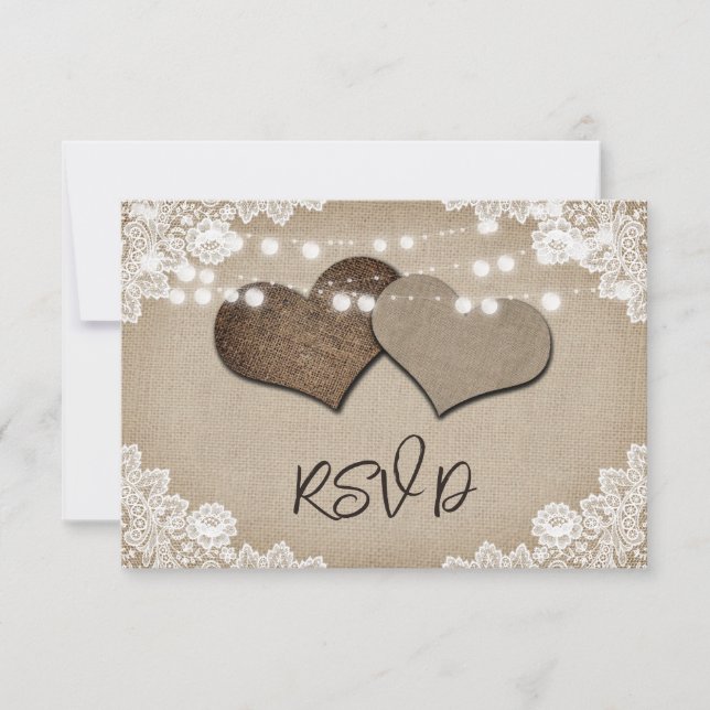 Cartão RSVP Arranjo Rustic String Lights Burlap Hearts Casamen (Frente)