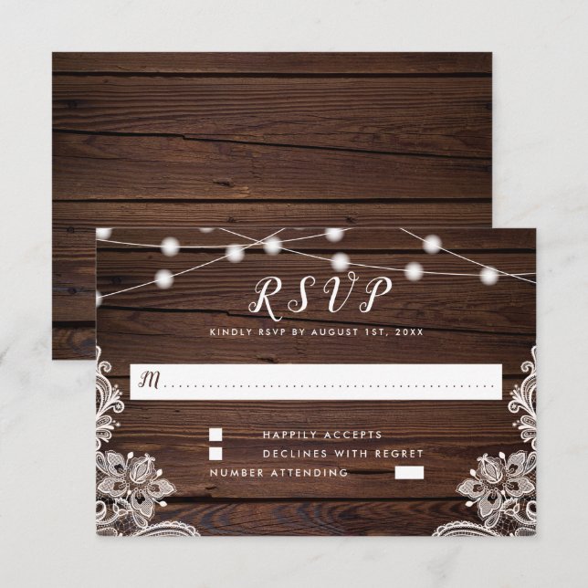 Cartão RSVP Arranjo Rustic Wood Script String Lights & Lace We (Frente/Verso)