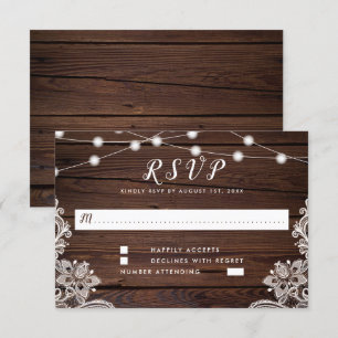 Cartão RSVP Arranjo Rustic Wood Script String Lights & Lace We