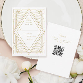 Cartão RSVP Art Deco Diamond White e Dourado Casamento
