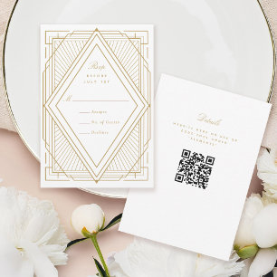 Cartão RSVP Art Deco Diamond White e Dourado Casamento