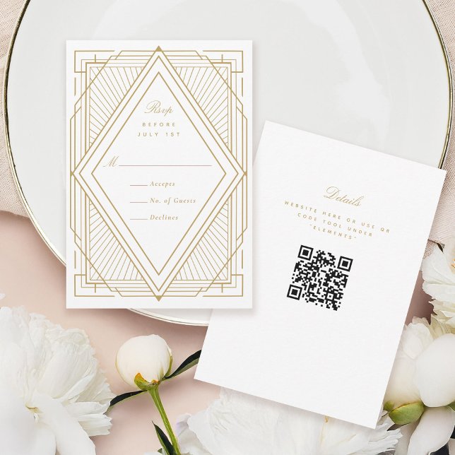 Cartão RSVP Art Deco Diamond White e Dourado Casamento (Criador carregado)