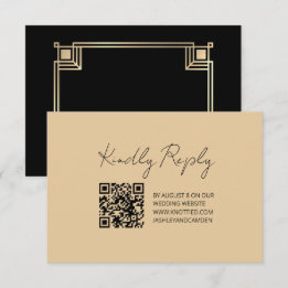 Cartão RSVP Art Deco Gold Frame QR Code Wedding Response Card