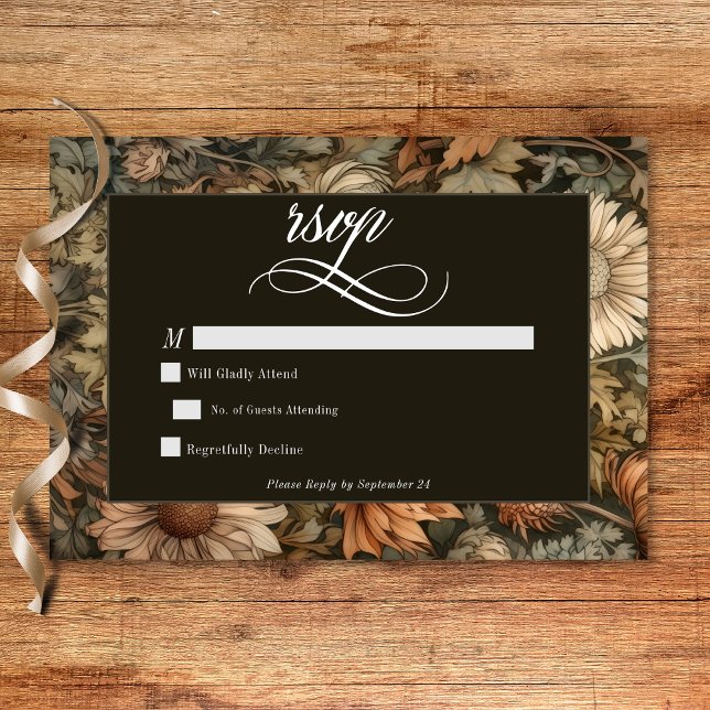 Cartão RSVP Art Nouveau Brown William Morris Casamento Floral (Art Nouveau Brown William Morris Floral Wedding RSVP Card)
