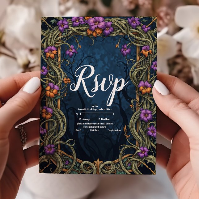 Cartão RSVP Art Nouveau Casamento de Halloween Gótico (Criador carregado)