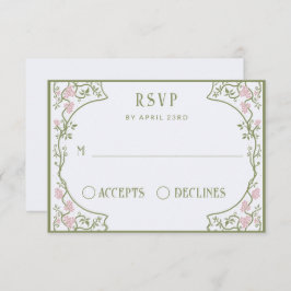 Cartão RSVP Art Nouveau Casamento Floral Verde e Rosa