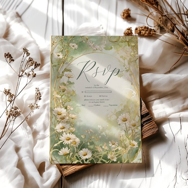 Cartão RSVP Art Nouveau Daisies Ivory Green Wedding (Criador carregado)