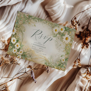 Cartão RSVP Art Nouveau Daisies Ivory Green Wedding