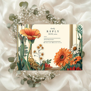Cartão RSVP Art Nouveau Orange Floral Weding