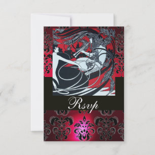 Cartão RSVP ART NOUVEAU RED BLACK DAMASK RSVP, rubi