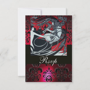 Cartão RSVP ART NOUVEAU RED BLACK DOURADO DAMASK RSVP, rubi
