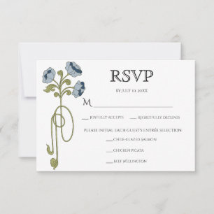 Cartão RSVP Arte Antiga Arte Nova Flores Azuis Empoeiradas Ref