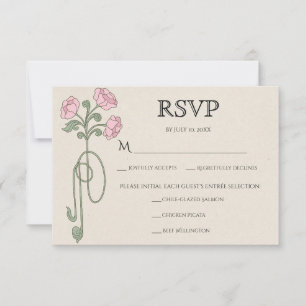 Cartão RSVP Arte Antiga Flores Rosa Bege Refeições Sage