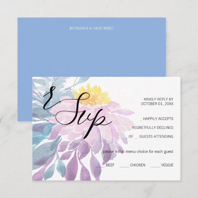 Cartão RSVP Arte de Aquarela de Dália Rosa Azul Elegante (Frente/Verso)