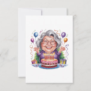 Cartão RSVP Arte de Bolo de Aniversário de Senhora Idosa Anima