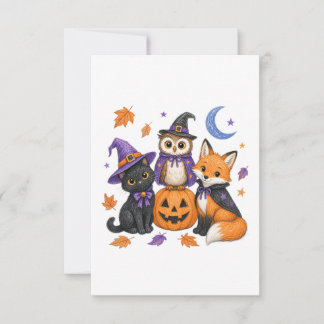 Cartão RSVP Arte de Gato Preto Coruja Raposa Abóbora de Bruxas