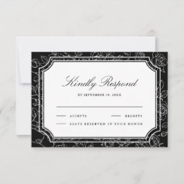 Cartão RSVP Arte de Linha Floral Preta Vitoriana Casamento