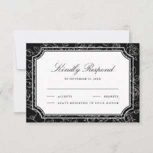 Cartão RSVP Arte de Linha Floral Preta Vitoriana Casamento