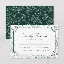 Cartão RSVP Arte de Linha Floral Verde Esmeralda Vitoriana Cas