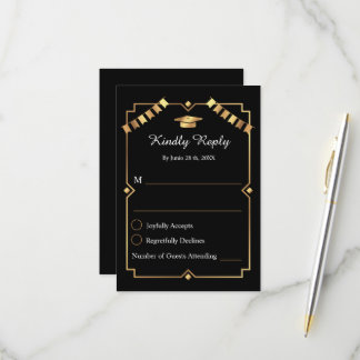 Cartão RSVP Arte Deco Elegante Graduação Preto e Dourado 