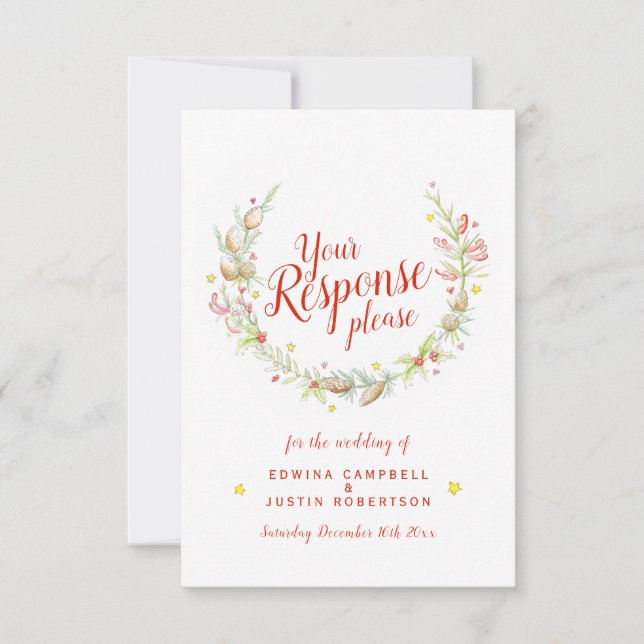 Cartão RSVP Arte floral de casamento no inverno de Natal (Frente)