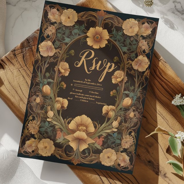 Cartão RSVP Arte Floral Decorativa Nouveau Casamento (Criador carregado)