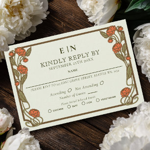 Cartão RSVP Arte Nova Floral de Coral Elegante de Peônia Casam