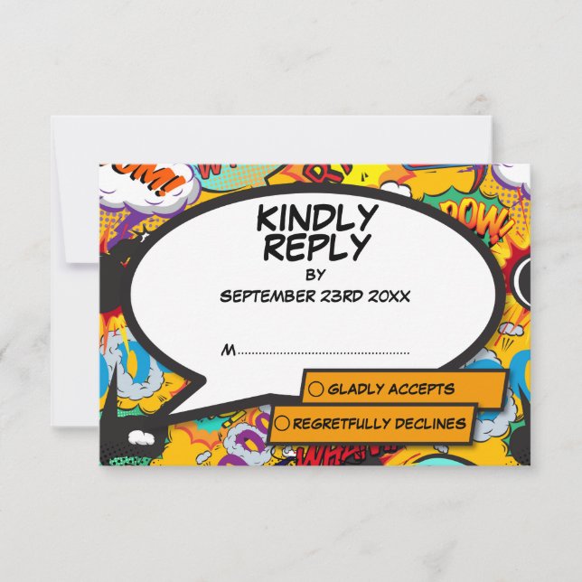 Cartão RSVP Arte Pop de Quadrinhos Divertidos Modernos (Frente)